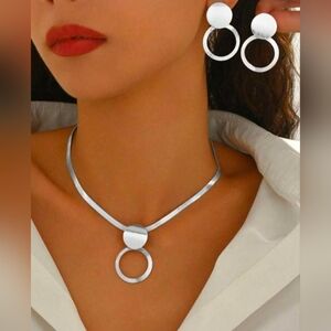 Silver Circular Pendant Necklace and Earring Set - Silver Tone Women Jewelry